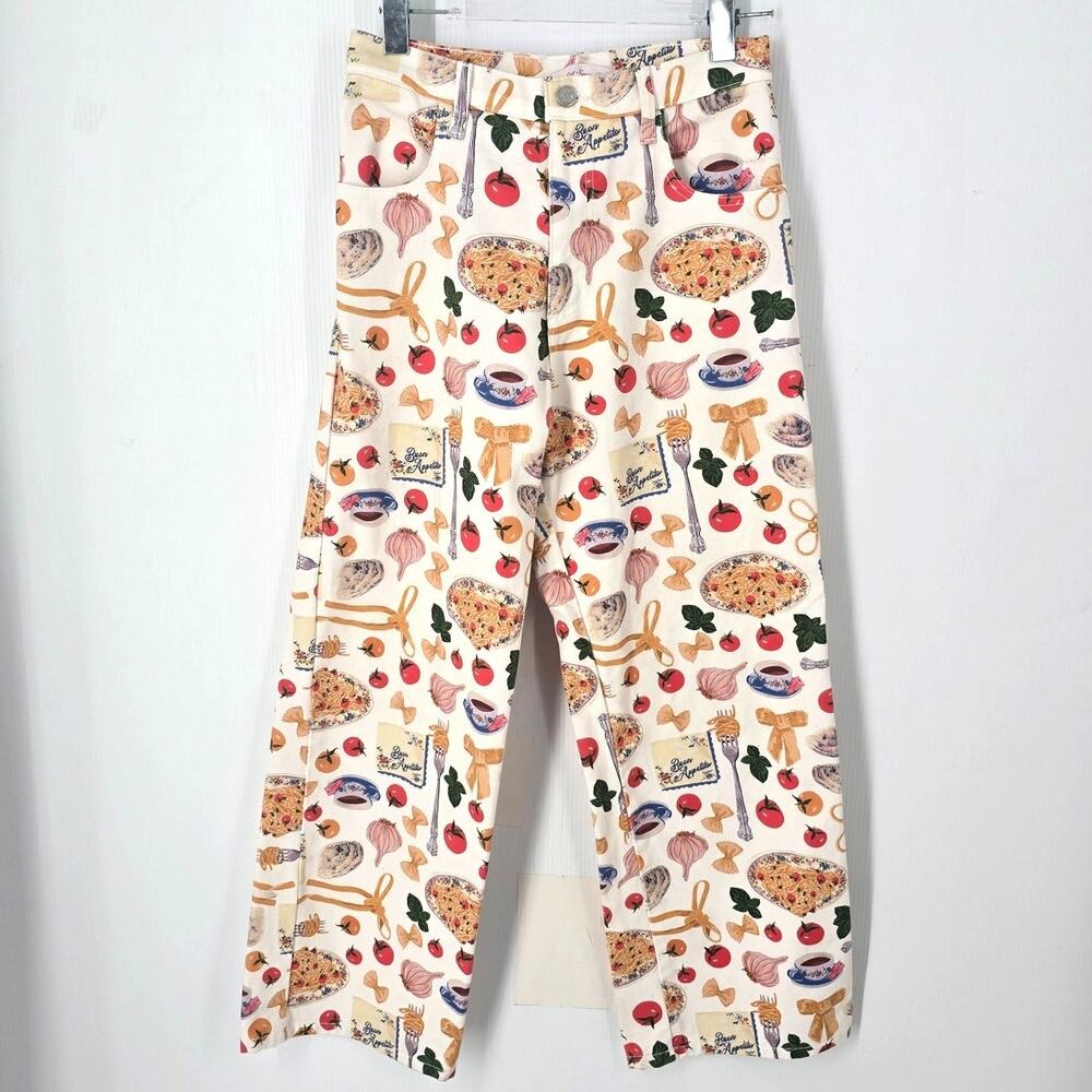 Lisa Says Gah Robyn Buon Appetito Pasta Print Wide Leg Jeans Crop 28" Waist